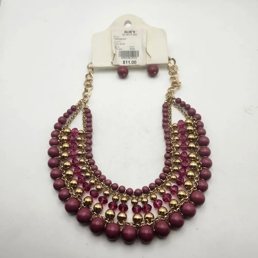 Glik's Burgundy Glass Bead Gold Tone Layered Bib Necklace Earrings Set Carded